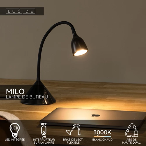 Lucide MILO - Lampe de bureau - Ø 12,8 cm - LED - 1x3,2W 3000K - Noir - USP